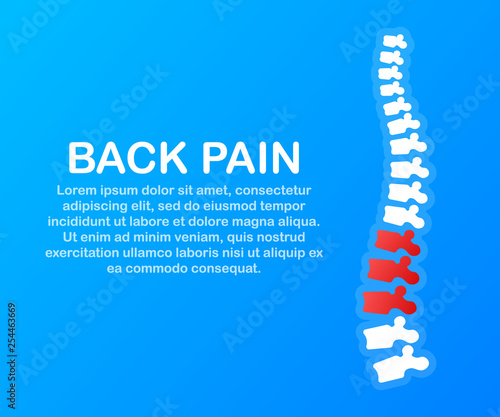 Back pain. Human spine with pain isolated silhouette. Spine pain medical center, clinic, rehabilitation. Vector illustration.