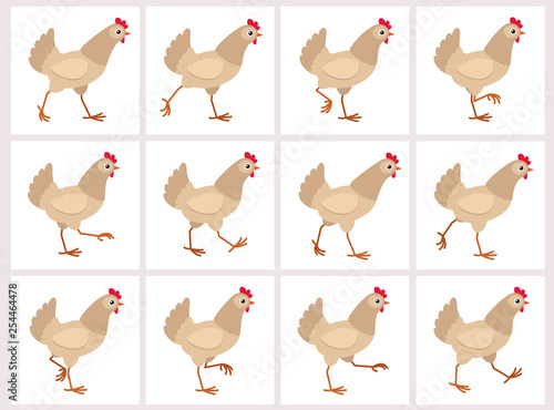 Walking light brown hen animation sprite sheet isolated on white background
