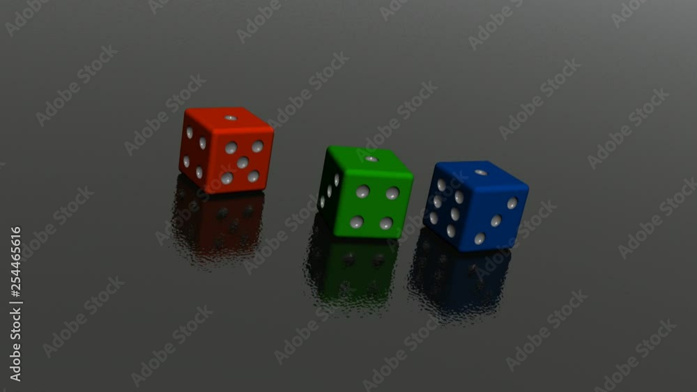 Red, green and blue dices on black reflective background. Red, green and blue dices on black reflective background.