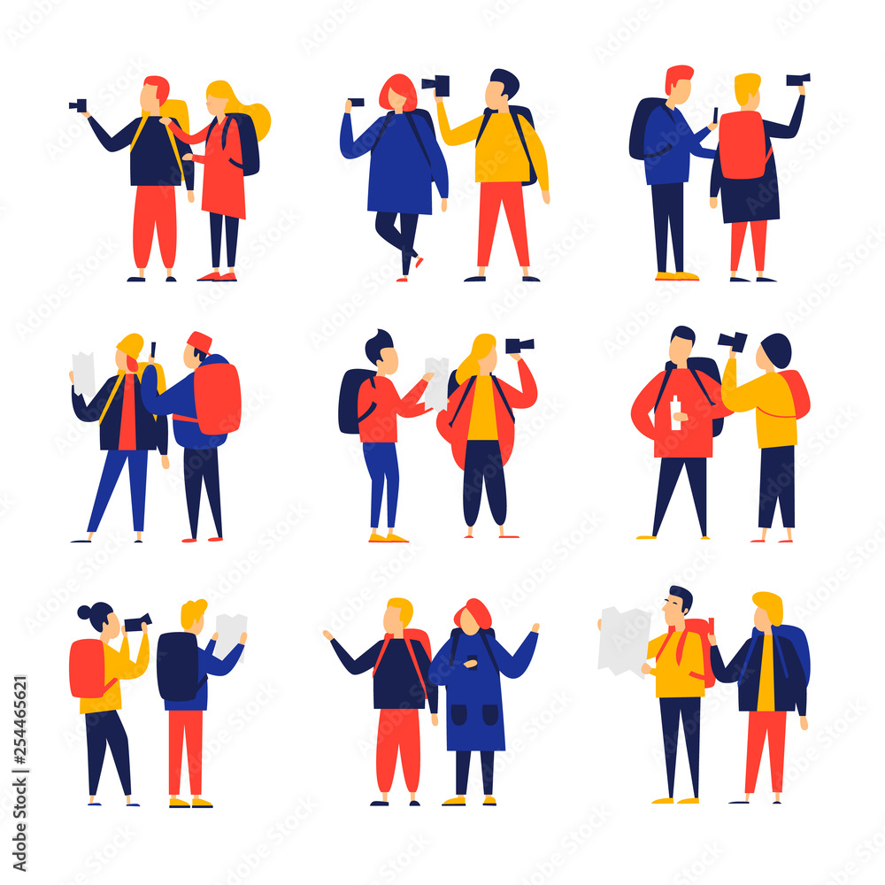 People travel with cameras and backpacks. Flat style vector illustration. People travel with cameras and backpacks. Flat style vector illustration.