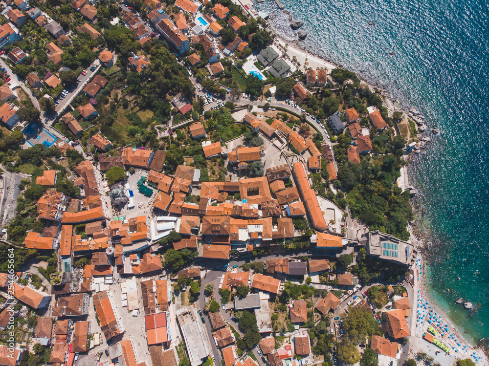 overhead view of old european city on the seaside