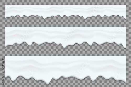 Creative vector illustration of yogurt creamy liquid drips, cream melt milk splash flowing seamless wide background with transparent. Art design sweet dessert flow layers. Abstract concept element