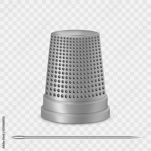 Creative vector illustration of needle, thimble isolated on transparent white background. Art design sewing tailor tools and accessories. Abstract concept graphic silver metal vintage element
