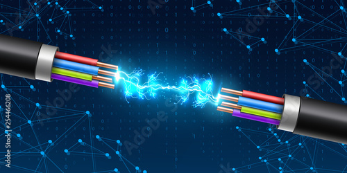 Creative vector illustration of electric glowing lightning between colored break cable, copper wires with circuit sparks isolated on transparent background. Art design. Abstract concept element