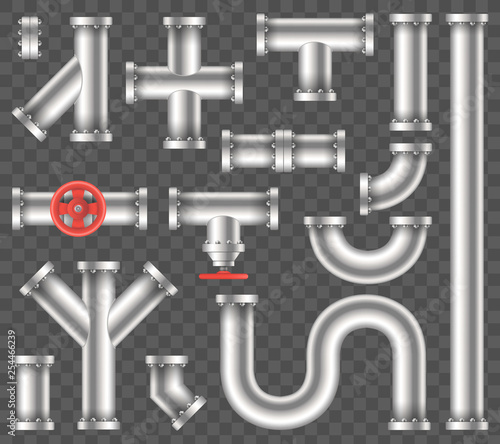Creative vector illustration of steel metal water, oil, gas pipeline, pipes sewage isolated on transparent background. Art design abstract concept graphic ells, gate valve, fittings, faucet element