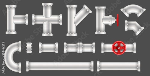 Creative vector illustration of plastic water, oil, gas pipeline, pipes sewage isolated on transparent background. Art design abstract concept graphic ells, gate valve, fittings, faucet element