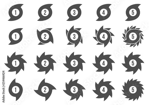 Creative vector illustration of hurricane scale indication icon symbol set isolated on transparent background. Art design vortex, typhoon, tornado funnel, wind storm. Abstract concept graphic element
