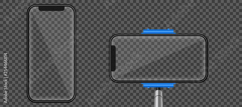 Creative vector illustration of monopod selfie stick with empty phone mobile screen isolated on transparent background. Art design mock up smartphone photo template. Abstract concept graphic element