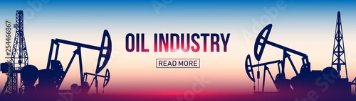 Creative vector illustration of oil pump industry silhouette, field pumpjack, rig drill over sunset isolated on background. Art design template. Abstract concept graphic equipment element