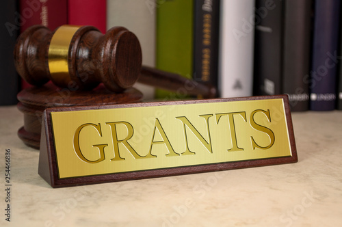 Golden sign with gavel and law books on a desk with grants