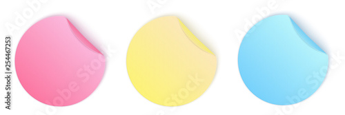 Creative vector illustration of round adhesive stickers with curved corner, folded edges isolated on transparent background. Art design paper circle memos template. Abstract concept price tag element