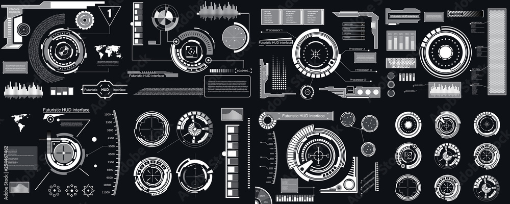 Obraz premium Creative vector illustration of HUD interface elements set, infographics Sci Fi isolated on transparent futuristic background. Art design template. Abstract future concept science virtual graphic