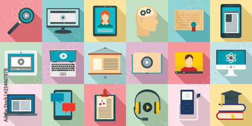 Interactive learning icons set. Flat set of interactive learning vector icons for web design