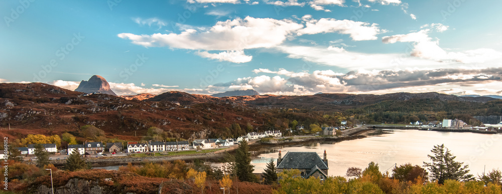 A panoramic image of Lochinver in the Sutherlands of Scotland