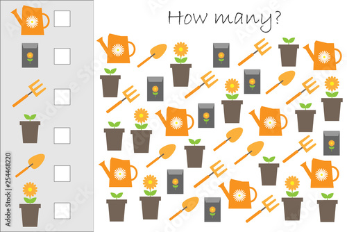 How many counting game with garden pictures for kids, educational maths task for the development of logical thinking, preschool worksheet activity, count and write the result, vector illustration
