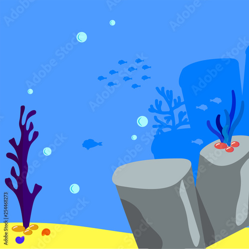 Game vector Underwater background cartoon illustration of rocks and seaweed on the sandy bottom. Bubbles water and silhouette fish, algae and coral. coral reef and underwater plants
