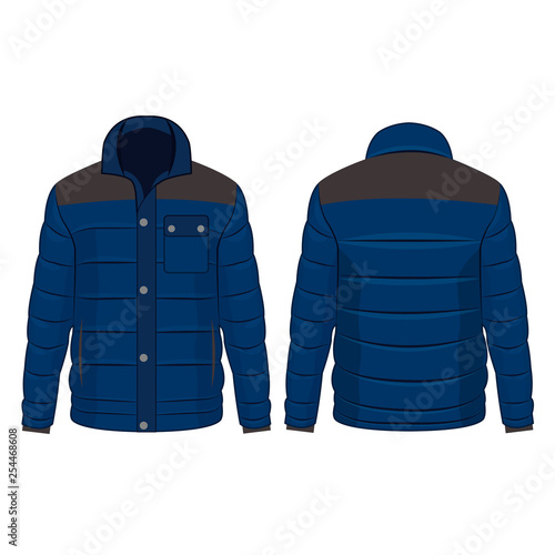 Blue winter down jacket with buttons isolated vector on the white background