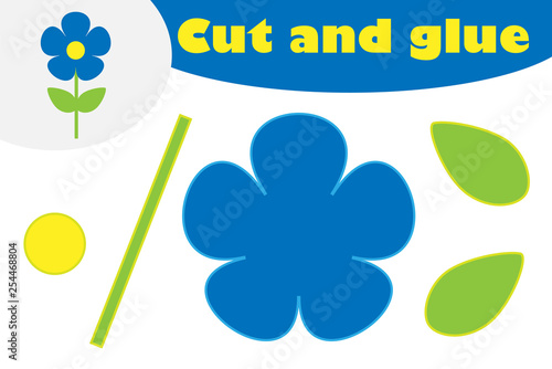 Flower in cartoon style, education game for the development of preschool children, use scissors and glue to create the applique, cut parts of the image and glue on the paper, vector illustration