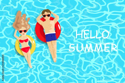 Summer, Man and lady relaxing on swimming pool, seasonal holiday vacation, people lifestyle background vector illustration