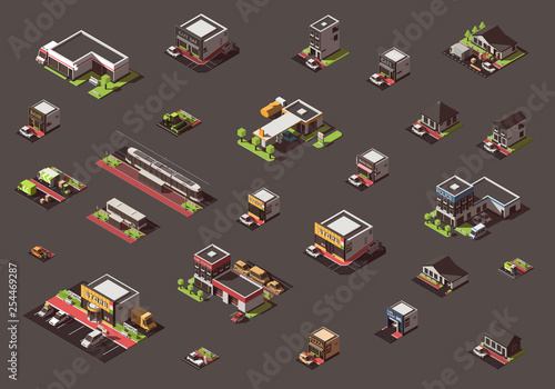 Vector set with isometric city buildings and transport.