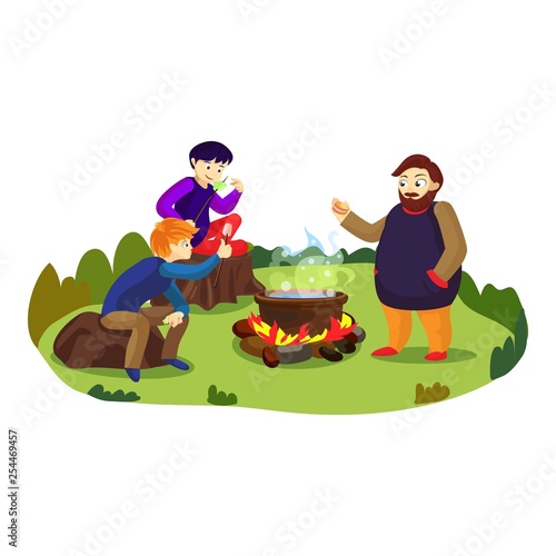 Camp marshmallow on fire concept background. Cartoon illustration of camp marshmallow on fire vector concept background for web design