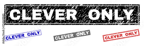 Grunge CLEVER ONLY rectangle stamp seals isolated on a white background. Rectangular seals with grunge texture in red, blue, black and grey colors.