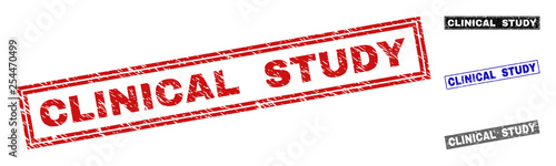 Grunge CLINICAL STUDY rectangle stamp seals isolated on a white background. Rectangular seals with grunge texture in red, blue, black and gray colors.