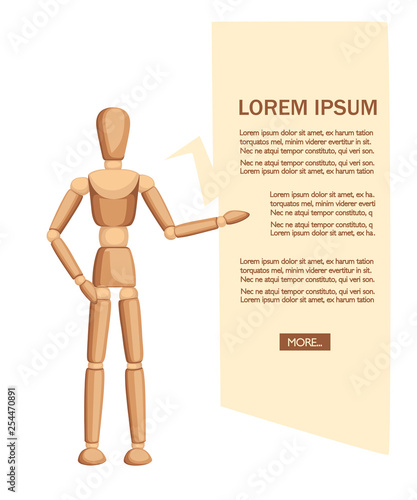 Wooden mannequin stand and show the text. Flat vector illustration on white background. Place for text. Web site page and mobile app design
