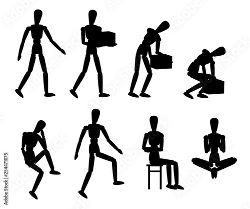 Black silhouette. Wooden mannequin collection. Dummy with different poses. Cartoon flat style. Vector illustration isolated on white background