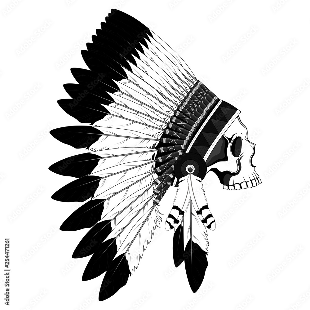 Skull in a crown of feathers. Black and white vector image of an Indian ...
