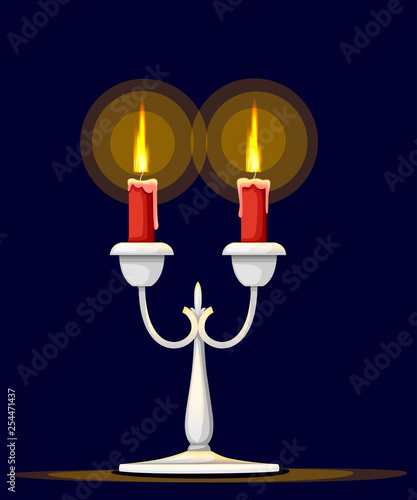 Silver candelabrum with burning red candle. Flat vector illustration on dark blue background. Home decor furniture. Candelabra with two branches