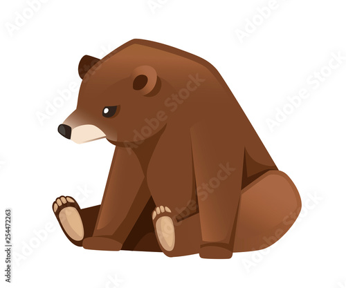Cute Brown bear. Carnivoran mammals, family Ursidae. Cartoon animal design. Flat vector illustration isolated on white background. Forest inhabitant. Wild animal with brown fur