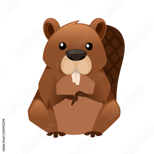 Cute Brown beaver. Cartoon animal design. Flat vector illustration isolated on white background. Forest inhabitant. Wild animal with brown fur