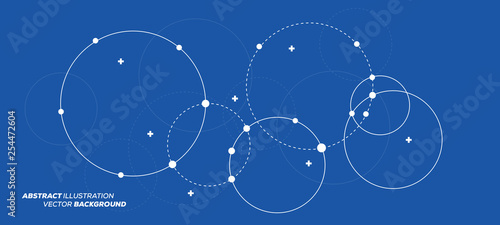 Abstract vector illustration with overlapping circles, dots and dashed circles. Science and connection concept. Wide molecule structure background.