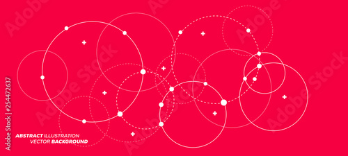 Abstract vector illustration with overlapping circles, dots and dashed circles. Science and connection concept. Wide molecule structure background. photo