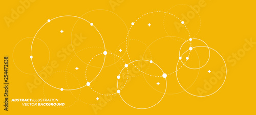 Abstract vector illustration with overlapping circles, dots and dashed circles. Science and connection concept. Wide molecule structure background.