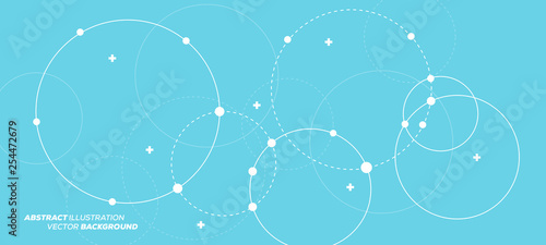 Abstract vector illustration with overlapping circles, dots and dashed circles. Science and connection concept. Wide molecule structure background.
