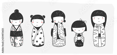 Cute Kokeshi dolls. Various characters. Traditional japanese toys. Kawaii illustration. Hand drawn graphic vector set. Stamp texture. All elements are isolated