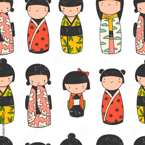 Cute Kokeshi dolls. Various characters. Traditional japanese toys. Kawaii illustration. Hand drawn colored vector seamless pattern. Stamp texture