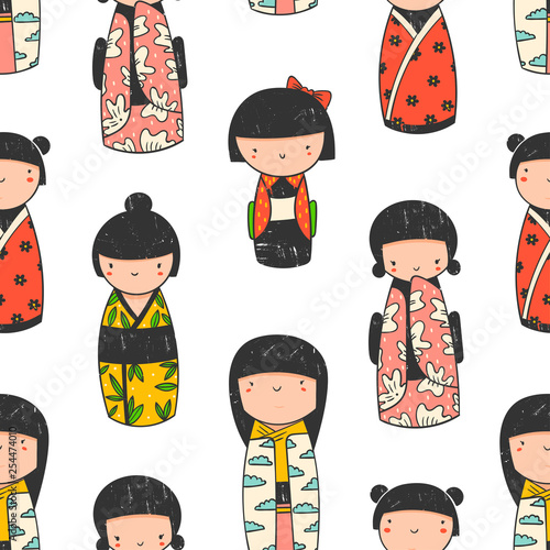 Cute Kokeshi dolls. Various characters. Traditional japanese toys. Kawaii illustration. Hand drawn colored vector seamless pattern. Stamp texture
