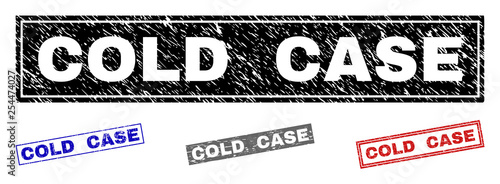 Grunge COLD CASE rectangle stamp seals isolated on a white background. Rectangular seals with grunge texture in red, blue, black and gray colors.