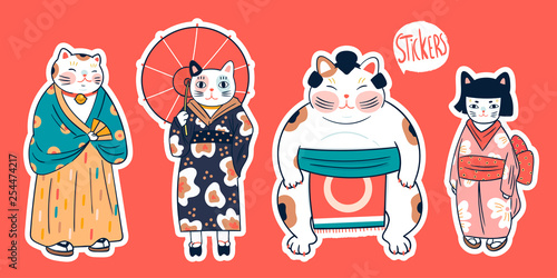 Various cats dressed in traditional japanese clothes. Anthropomorphic animals. Kawaii illustration. Hand drawn colored vector set. All elements are isolated. Pre- made stickers