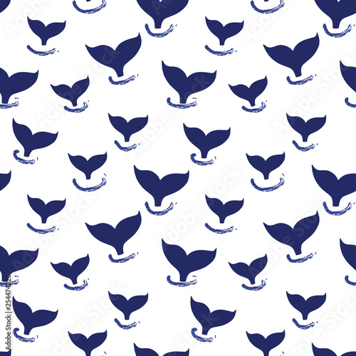 Whale tail seamless pattern vector. Simple Marine background blue and white. Silhouette of whale fin. For fabric, baby clothes, wrapping paper, kids decor, wallpaper