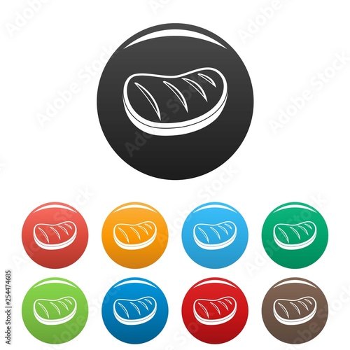 Cooked steak icons set 9 color vector isolated on white for any design