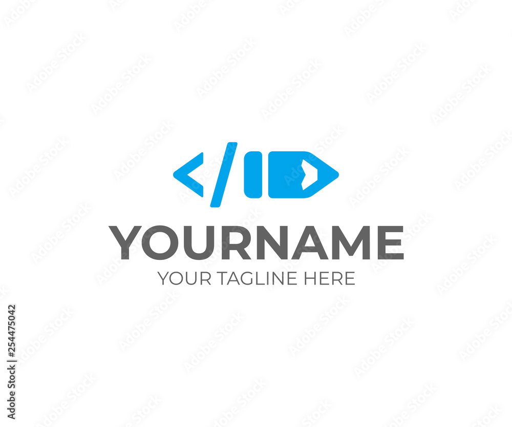 Developing code logo design. Software source code vector design. Programming code with pencil logotype Developing code logo design. Software source code vector design. Programming code with pencil logotype