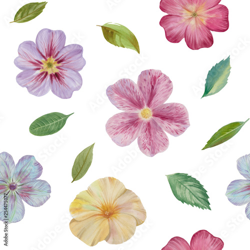 Seamless watercolor flowers pattern. Hand painted flowers of different colors.Flowers for design.
