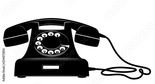 Vintage black dial phone. Logo or icon. Support line or reception.