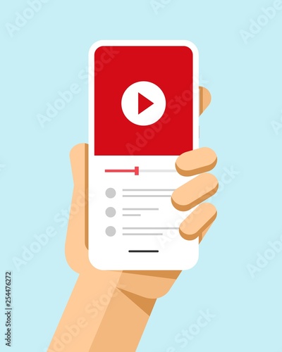 Hand holds the smartphone with video file on the screen. Flat vector modern phone mock-up illustration