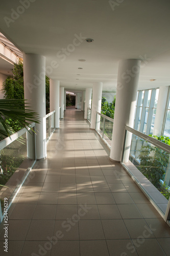 Glazed corridor, passage through the greenhouse, sunny corridor.