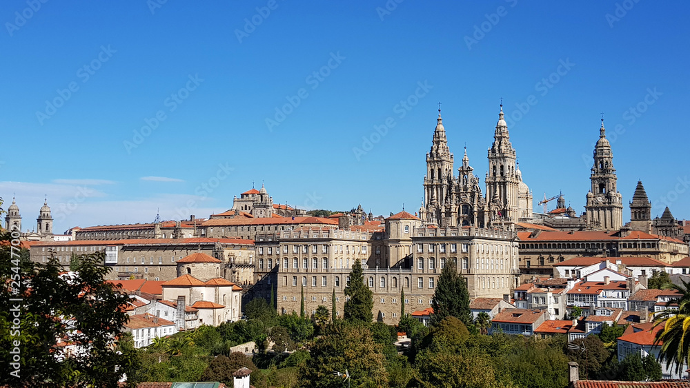 Panoramic view of the Cathedral in Santiago de Compostela, Galicia, Spain. It is a place of pilgrimage on the Way of Saint James.